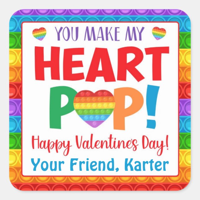 Heart Pop It Kids' Valentine's Day Square Sticker (Front)