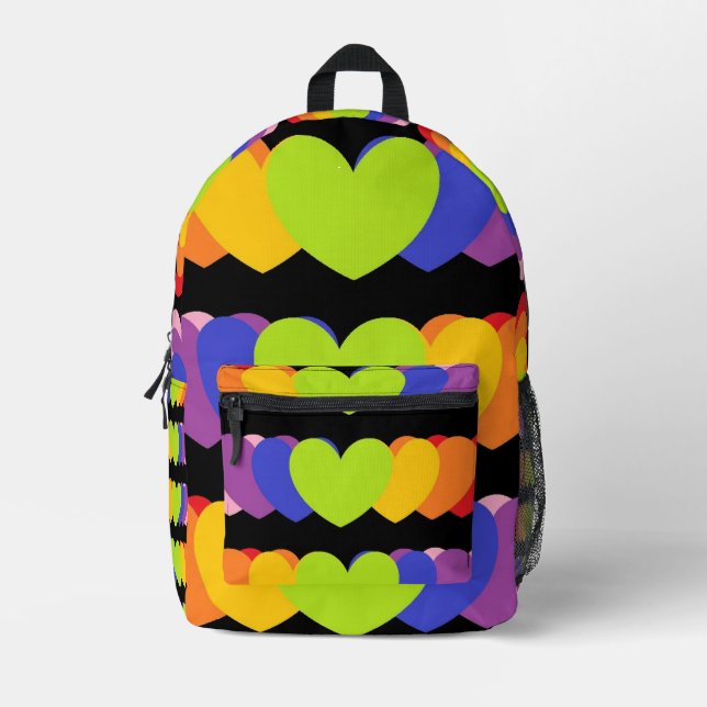 Heart Print Backpack With Rainbow Coloured Hearts  (Front)