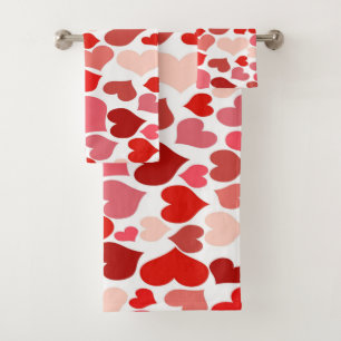 Heart Print Red and Pink Bath Towel Set