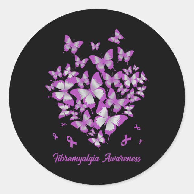 Heart Purple Ribbon Fibromyalgia Awareness Warrior Classic Round Sticker (Front)