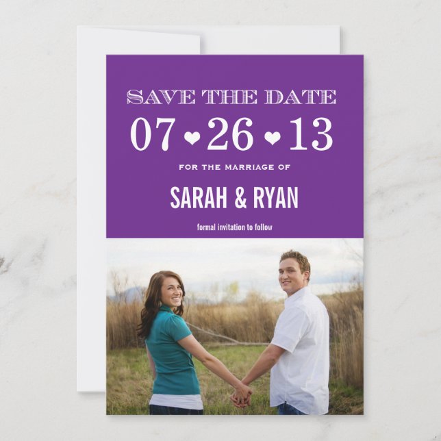 Heart Purple Save the Date Photo Invitations (Front)