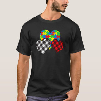 Heart Puzzle Piece Buffalo Plaid Autism Awareness T-Shirt