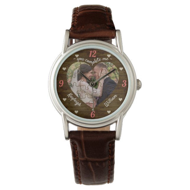 Heart Puzzle Wedding Photo Rustic You Complete Me Watch (Front)
