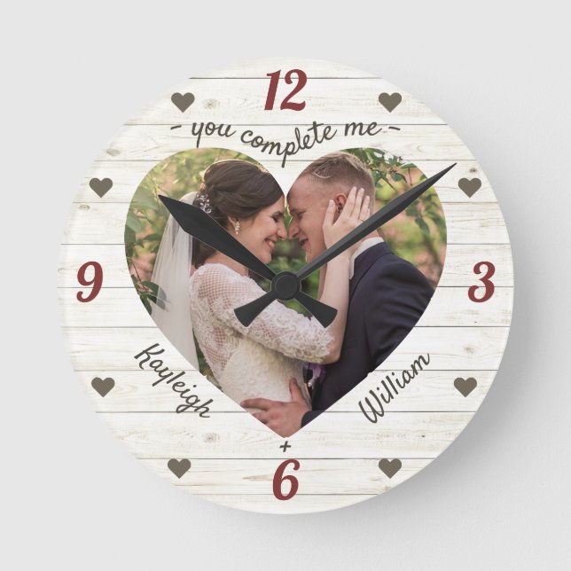 Heart Puzzle Wedding Photo You Complete Me Rustic Round Clock (Front)