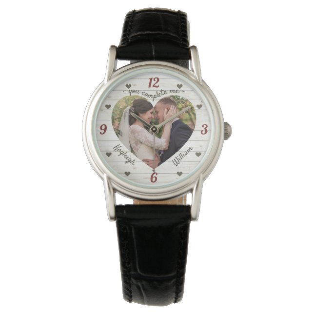 Heart Puzzle Wedding Photo You Complete Me Rustic Watch (Front)