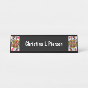 Heart Queen Ornate Playing Card on Black Desk Name Plate
