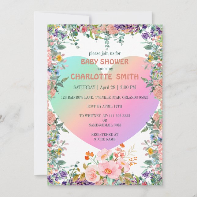 Heart rainbow gradient flower summer baby shower invitation (Front)