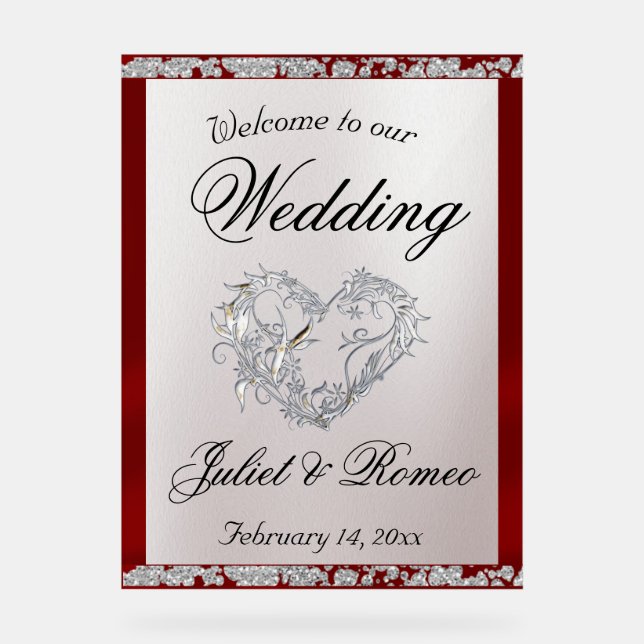 Heart, Red Ribbon & Sparkle Welcome Acrylic Sign (Front)