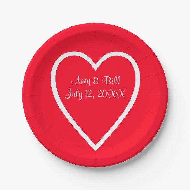 Heart Red White Wedding Custom Paper Plates 7" (Front)