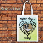 Heart Replaceable Photo in Paw Print Single Sided Reusable Grocery Bag<br><div class="desc">A fun carry-all idea! Add your photo to this bag in place of the placeholder image or keep the placeholder. This simple heart shape of black paw prints frames your photo over shades of green. Personalise the bottom text with the name that matches the dog/cat on the bag, remove any...</div>