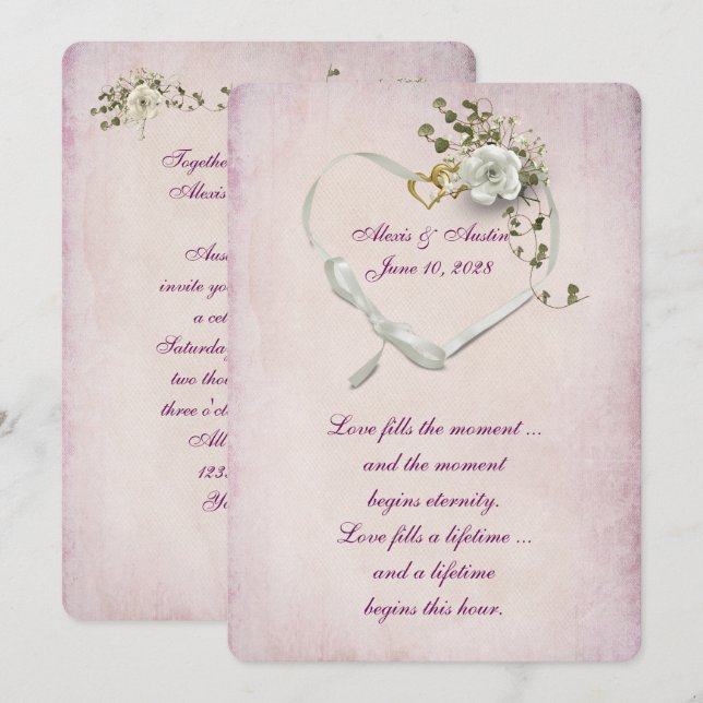 Heart ribbon and wedding rings on pink invitation (Front/Back)