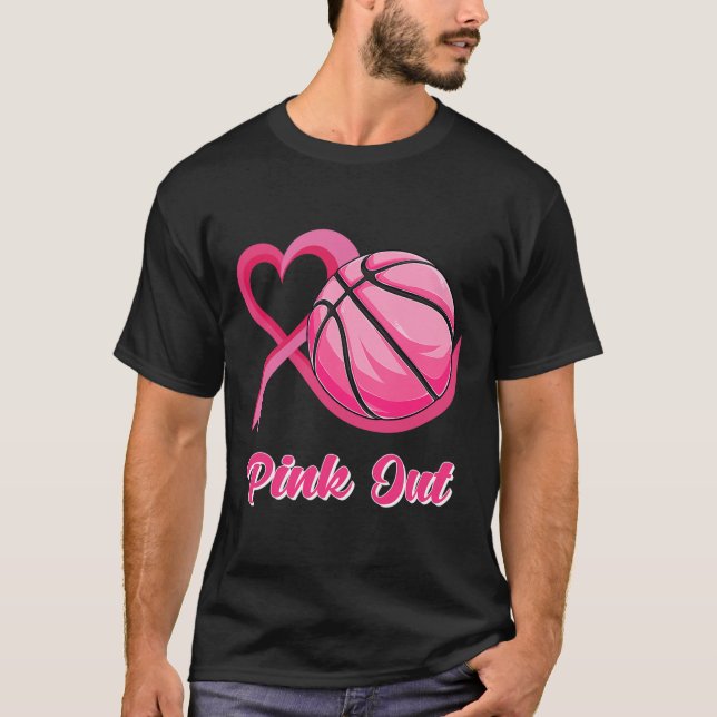 Heart Ribbon Basketball Pink Out Breast Cancer Awa T-Shirt (Front)