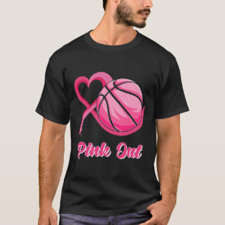 Heart Ribbon Basketball Pink Out Breast Cancer Awa T-Shirt