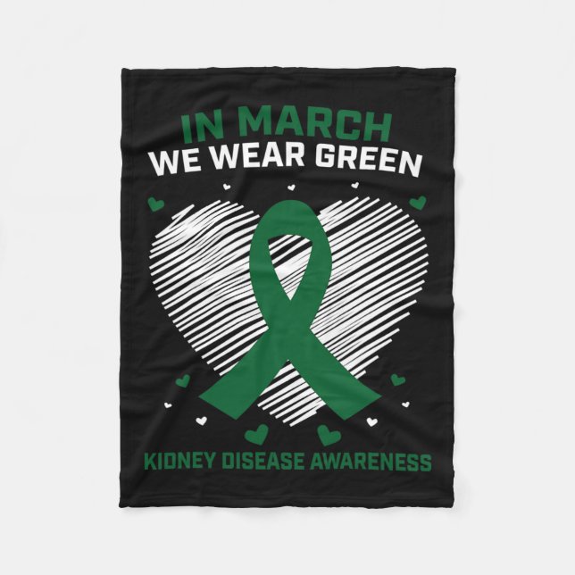 Heart Ribbon In March We Wear Green Kidney Disease Fleece Blanket (Front)