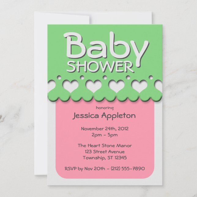 Heart Ribbon Pattern Pink & Green Baby Shower Invitation (Front)