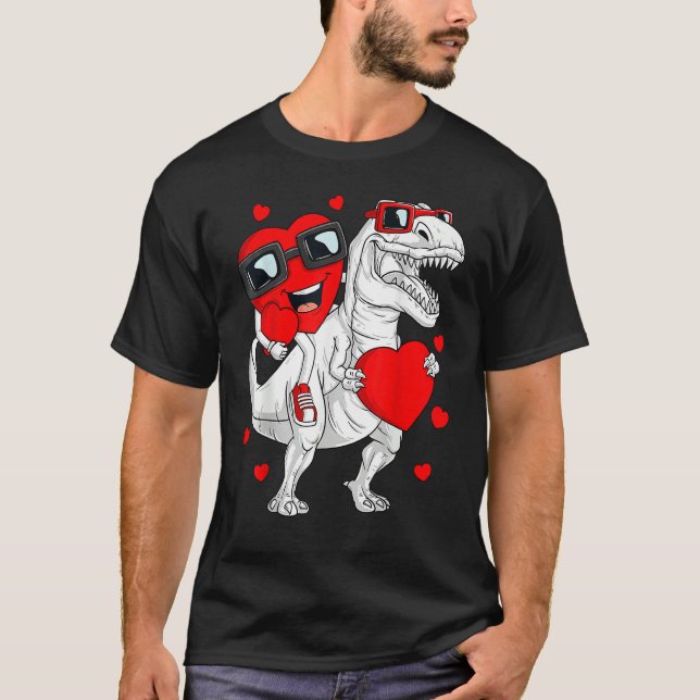 Heart Riding Dinosaur Rex  Valentines Day Boys Kid T-Shirt (Front)