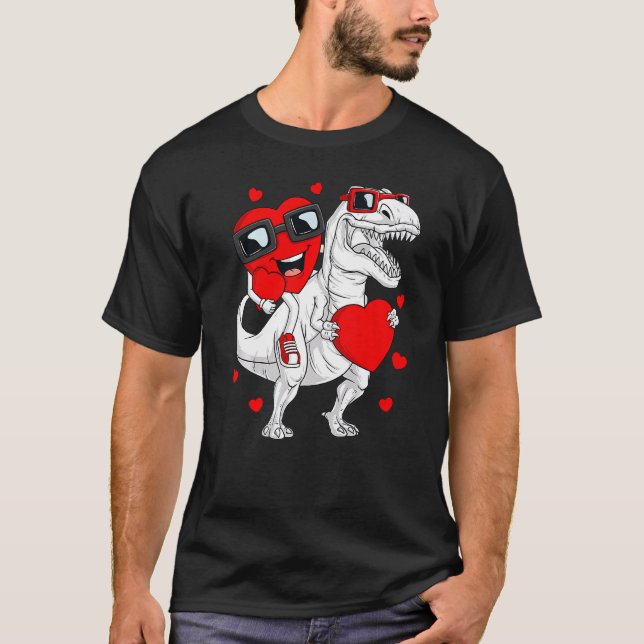 Heart Riding Dinosaur Rex  Valentines Day Boys Kid T-Shirt (Front)