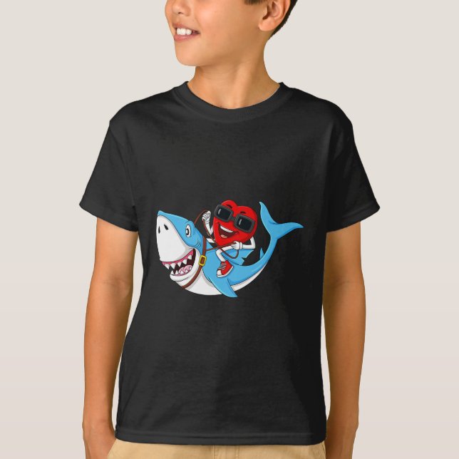 Heart Riding Shark Valentine's Day Fun Boys Girls  T-Shirt (Front)