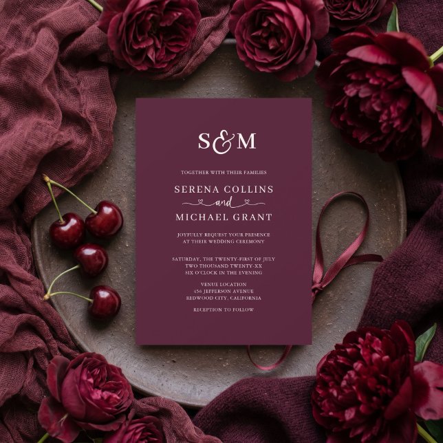 Heart Romantic Monogram QR Code Deep Red Wedding Invitation (Creator Uploaded)