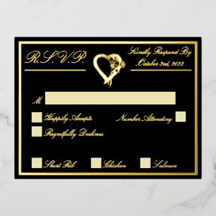 Heart & Roses, Black Wedding RSVP Gold Foil Invitation Postcard
