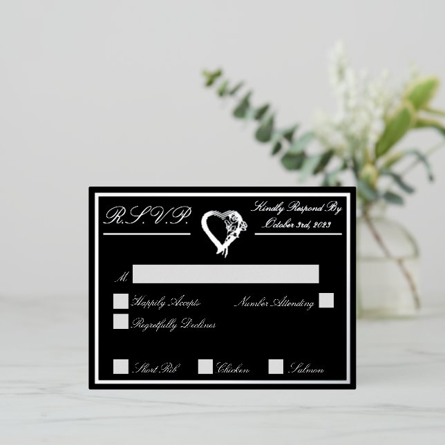 Heart & Roses, Black Wedding RSVP Silver Foil Invitation Postcard (Standing Front)