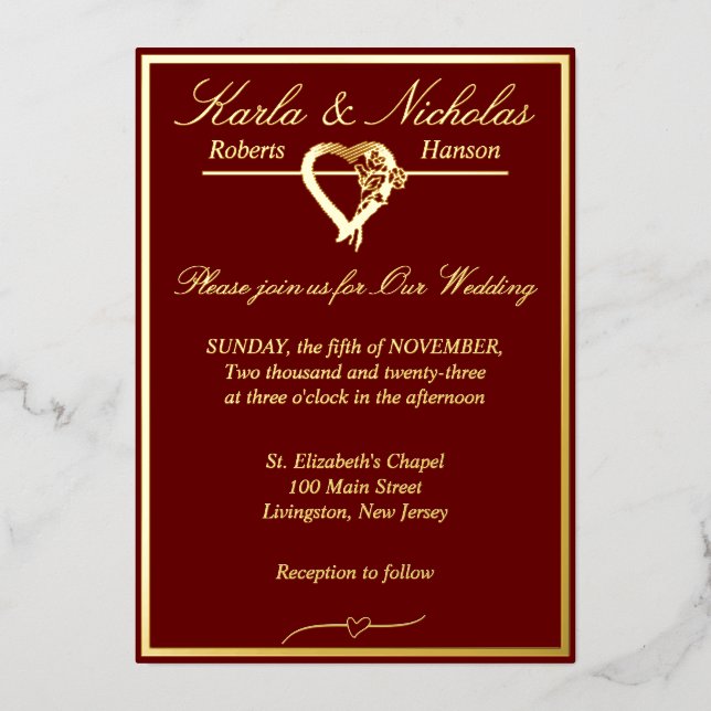 Heart & Roses, Burgundy Wedding Gold Full (Front)