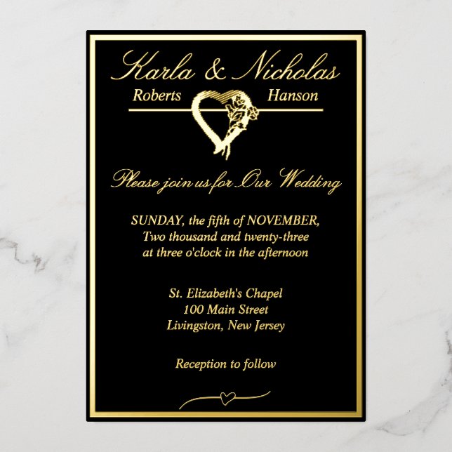 Heart & Roses, Formal Black Wedding, Gold Full (Front)