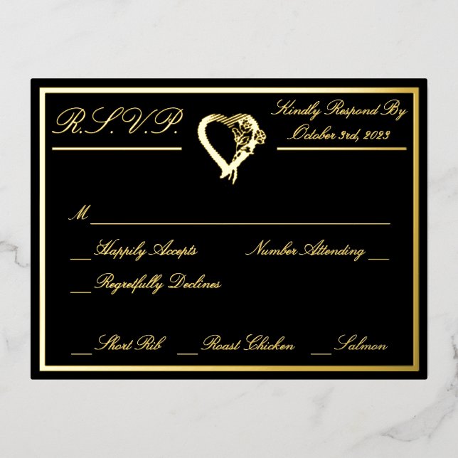 Heart & Roses, Formal Black Wedding RSVP Gold Full Foil Invitation Postcard (Front)