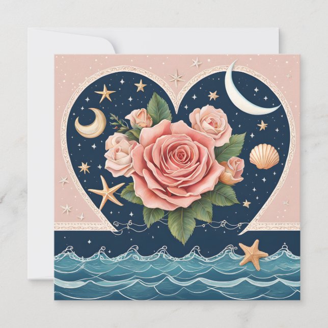 Heart Roses Moons Seashells Sea Magical Valentine Holiday Card (Front)