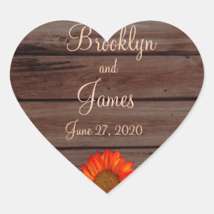 Heart Rustic Wedding Stickers Orange Sunflower