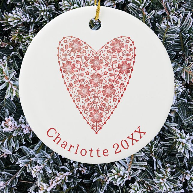 Heart Scandinavian Red White Personalised Ceramic Tree Decoration (Personalized name date Scandinavian red and white heart Christmas ornament)