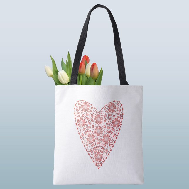 Heart Scandinavian Red White Tote Bag (Scandinavian red and white heart tote bag)