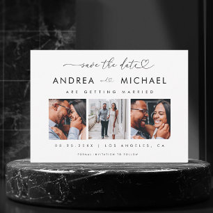 Heart Script & 3 Photo Collage Romantic Wedding Save The Date