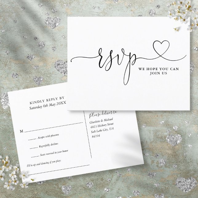 Heart Script Black And White Song Request Invitation Postcard (Heart Script Black And White Song Request Invitation Postcard)