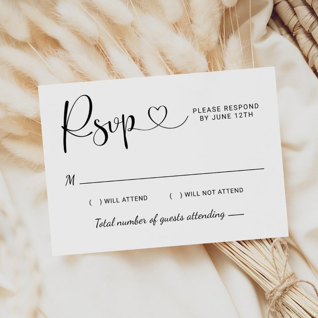 Heart Script Black and White Wedding RSVP Card (Creator Uploaded)