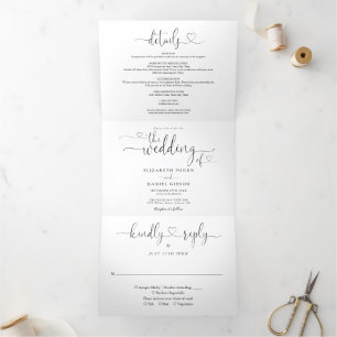 Heart Script Black And White Wedding Tri-Fold Invitation