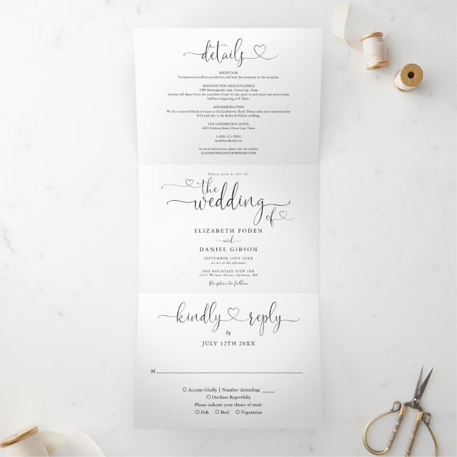 Heart Script Black And White Wedding Tri-Fold Invitation (Inside)