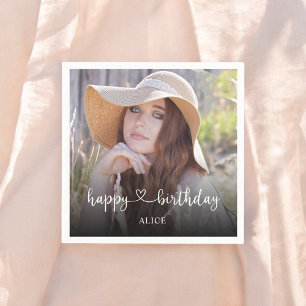 Heart Script Calligraphy Photo Happy Birthday Napkin