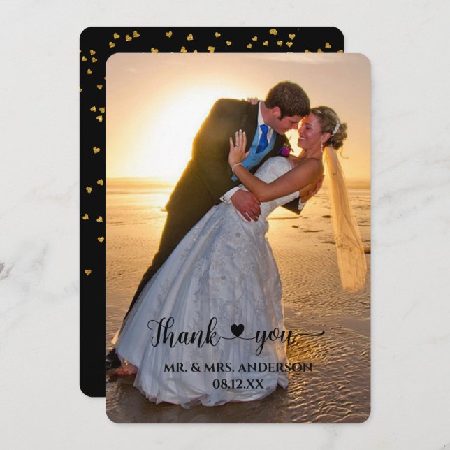 Heart Script Confetti Back Photo Wedding Thank You (Front/Back)