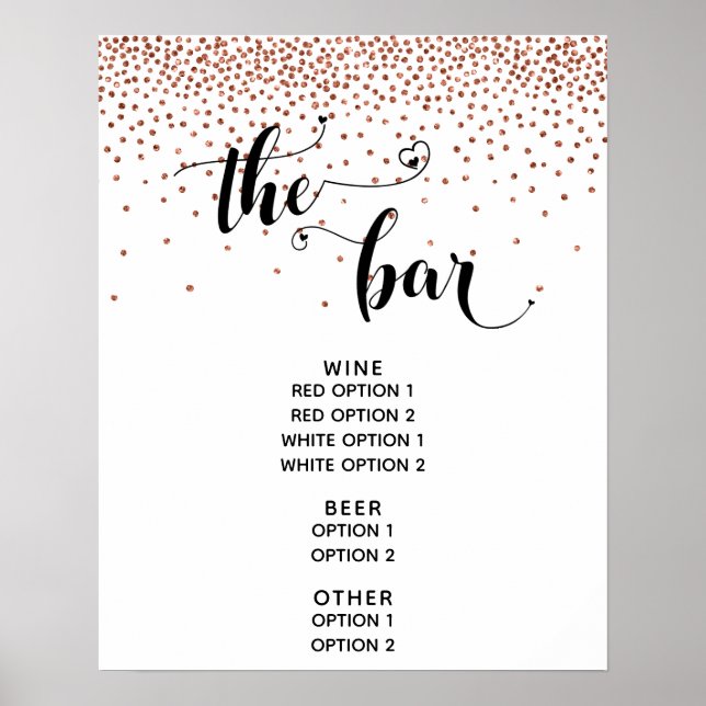 Heart Script & Copper Confetti "The Bar" Menu Sign (Front)