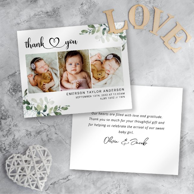 Heart Script Eucalyptus New Baby Thank You Card (Creator Uploaded)
