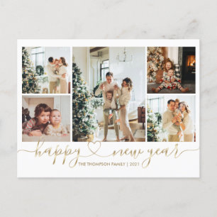 Heart Script Gold Happy New Year 5 Photo Holiday Postcard