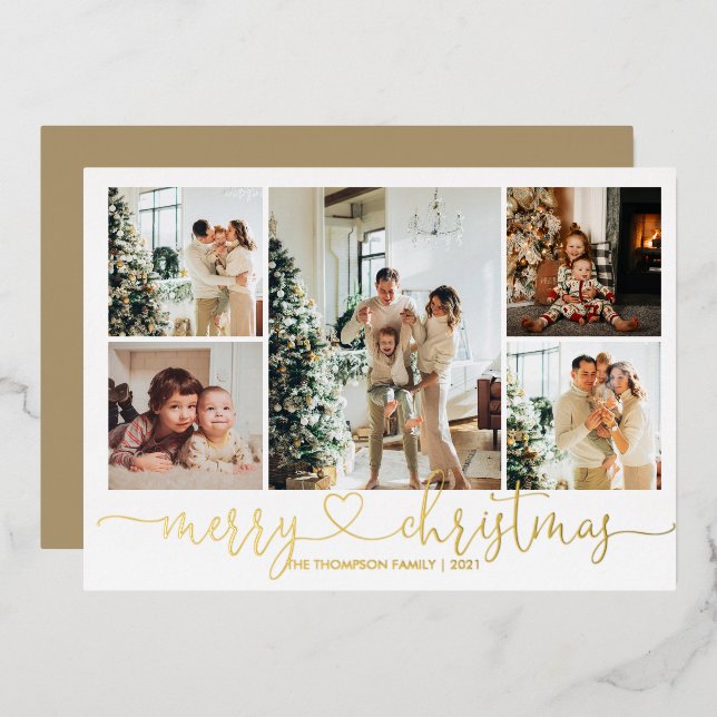 Heart Script Gold Merry Christmas 5 Photo Foil Holiday Card (Front/Back)
