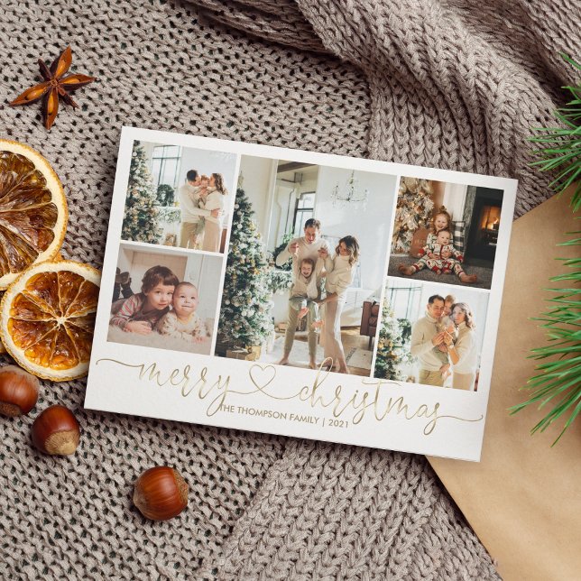 Heart Script Gold Merry Christmas 5 Photo  Holiday Card (Creator Uploaded)