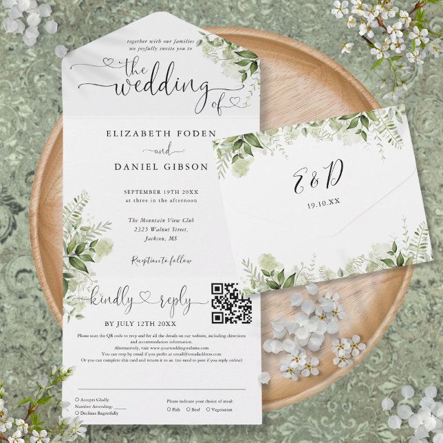 Heart Script Greenery Floral QR Code Wedding All In One Invitation (Heart Script Greenery Floral QR Code Wedding All In One Invitation)