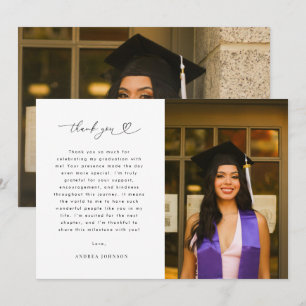 Heart Script Minimalist 2 Photo Graduation Party Thank You Card