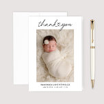 Heart Script Newborn Girl Photo Folded Thank You Card<br><div class="desc">This modern and minimal folded thank you card features a vertical photo of your newborn baby girl with "thank you" overlay text in a sweet heart script font. The baby's name and birth statistics are included so it doubles as a birth announcement. Personalise with your photo, baby's name, and birth...</div>
