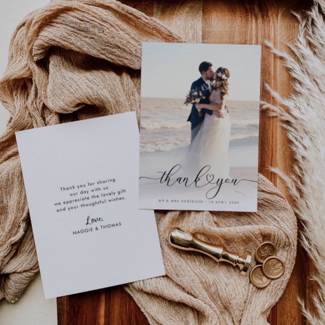 heart script newlyweds wedding photo thank you card (Creator Uploaded)