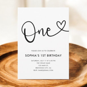 Heart Script Photo 1st Birthday Invitation