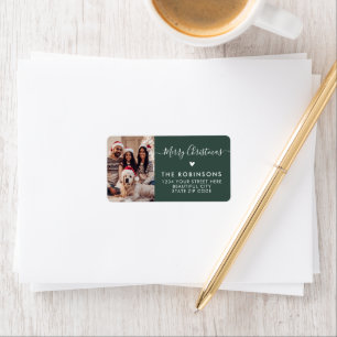 Heart Script Photo Green Christmas Return Address Label